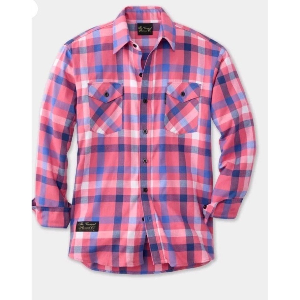 The Vermont Flannel Co Mens M Pink Blue Plaid Organic Cotton Flannel Shirt